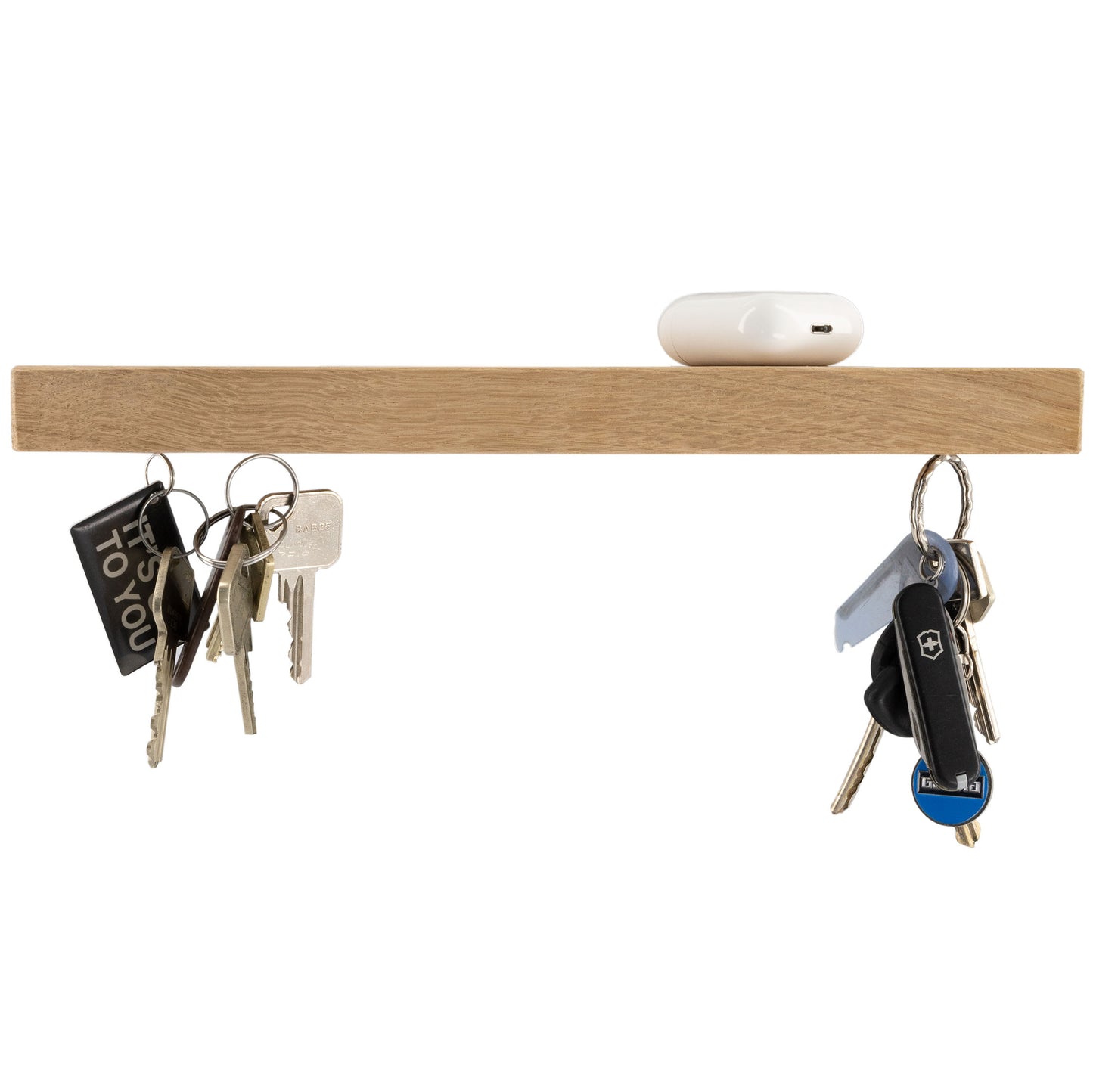 Sleutelplank, sleutelrek, sleutelrekje, sleutelhouder van massief notenhout. Voorzien van 7 supersterke magneten. HangKey Plankie XL eiken vooraanzicht