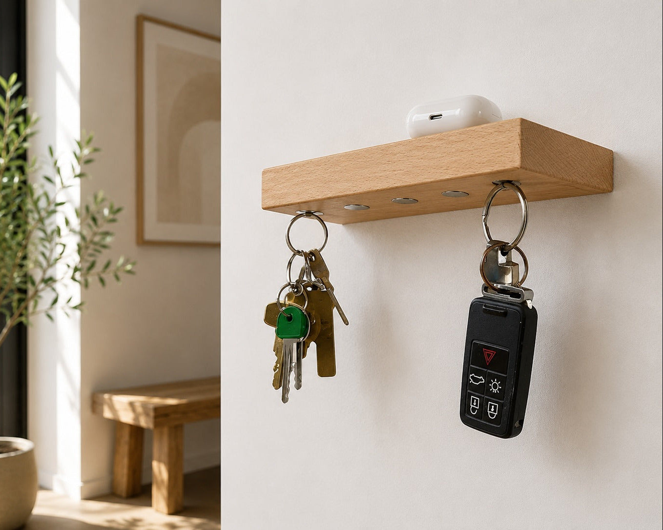 Sleutelrekje wand X - magnetische sleutelplank massief beukenhout – 5 sleutelbossen | HangKey Plankie