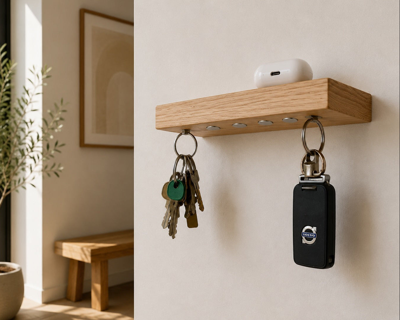 Sleutelrekje wand X - magnetische sleutelplank massief essenhout – 5 sleutelbossen | HangKey Plankie