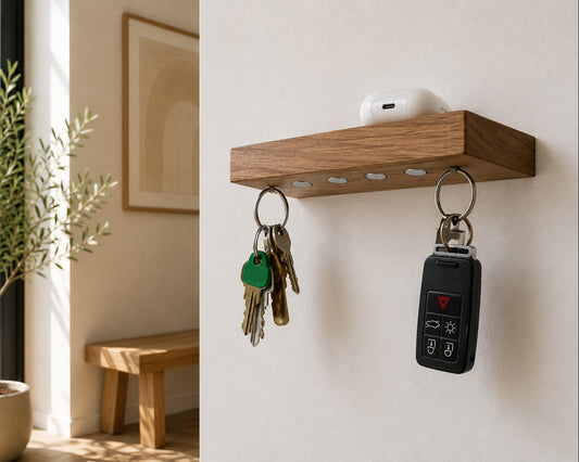 Magnetic key shelf X made of solid iroko wood – key holder for 5 sets of keys | HangKey Plankie