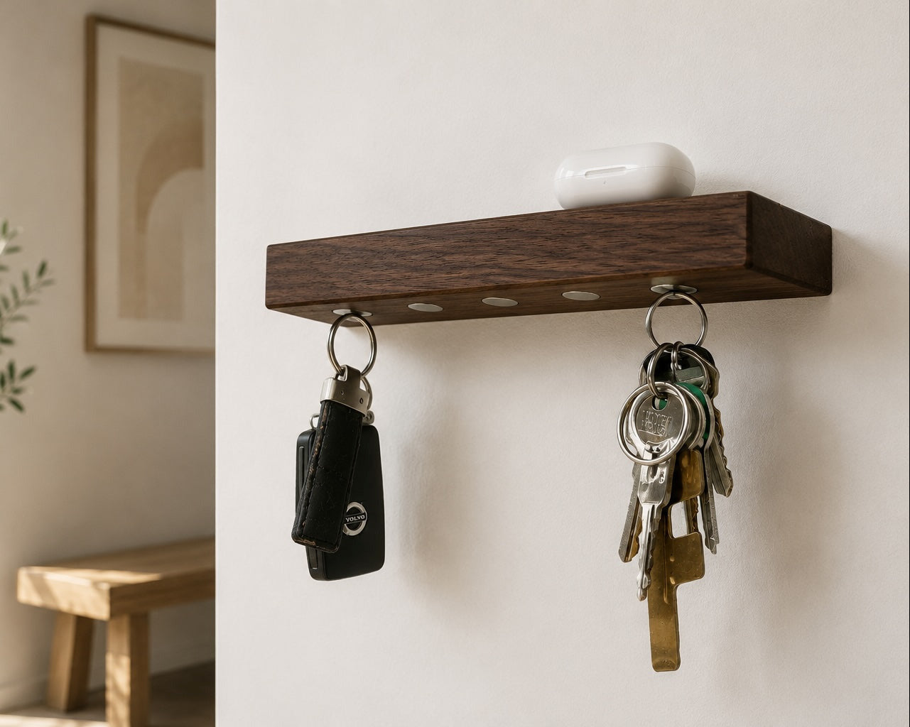 Sleutelrekje wand X - magnetische sleutelplank massief notenhout – 5 sleutelbossen | HangKey Plankie