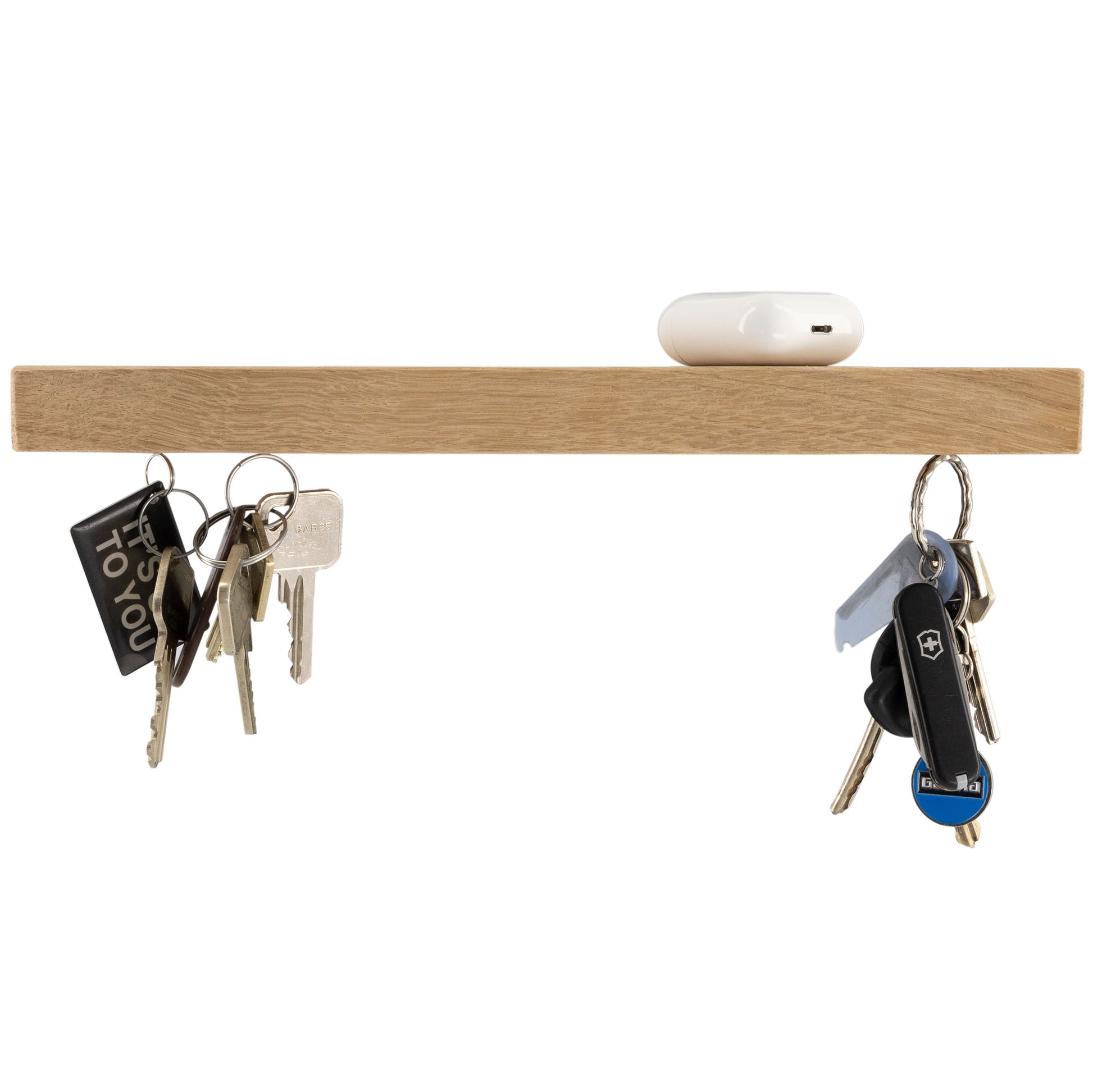 Sleutelplank, sleutelrek, sleutelrekje, sleutelhouder van massief notenhout. Voorzien van 7 supersterke magneten. HangKey Plankie XL eiken vooraanzicht